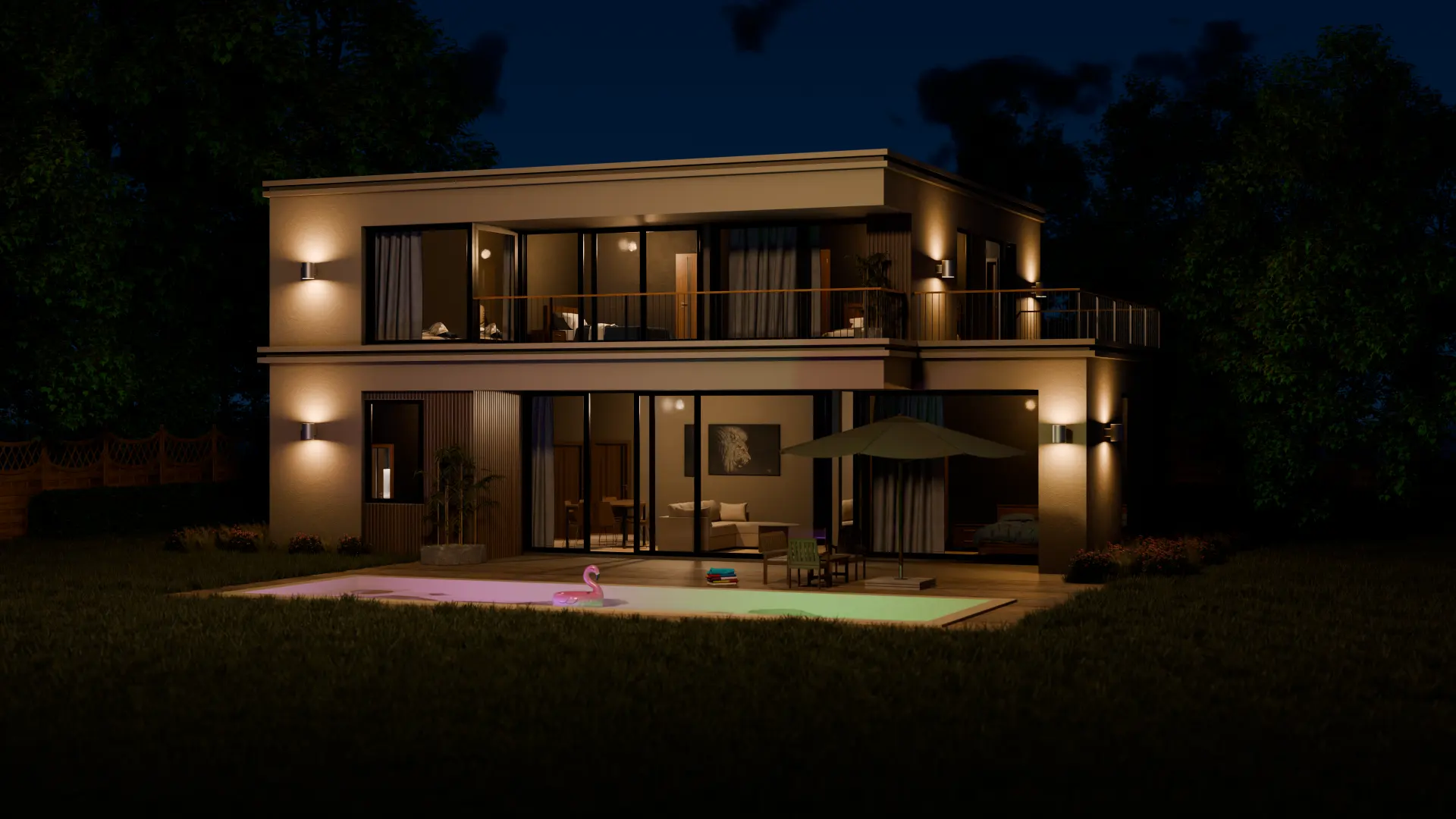 Modern house exterior architectural visualization with clean lines, large glass openings, and warm materials shown in day and night lighting