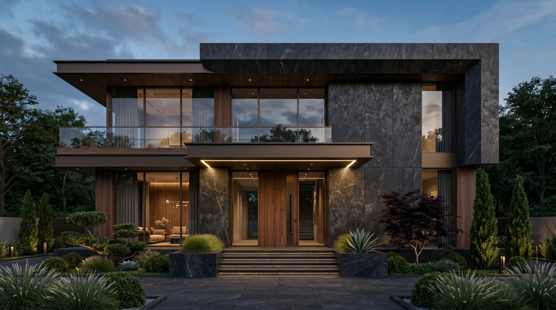 Photorealistic dark marble modern villa architectural visualization with luxury exterior, living room, kitchen, and bathroom renders created in Blender