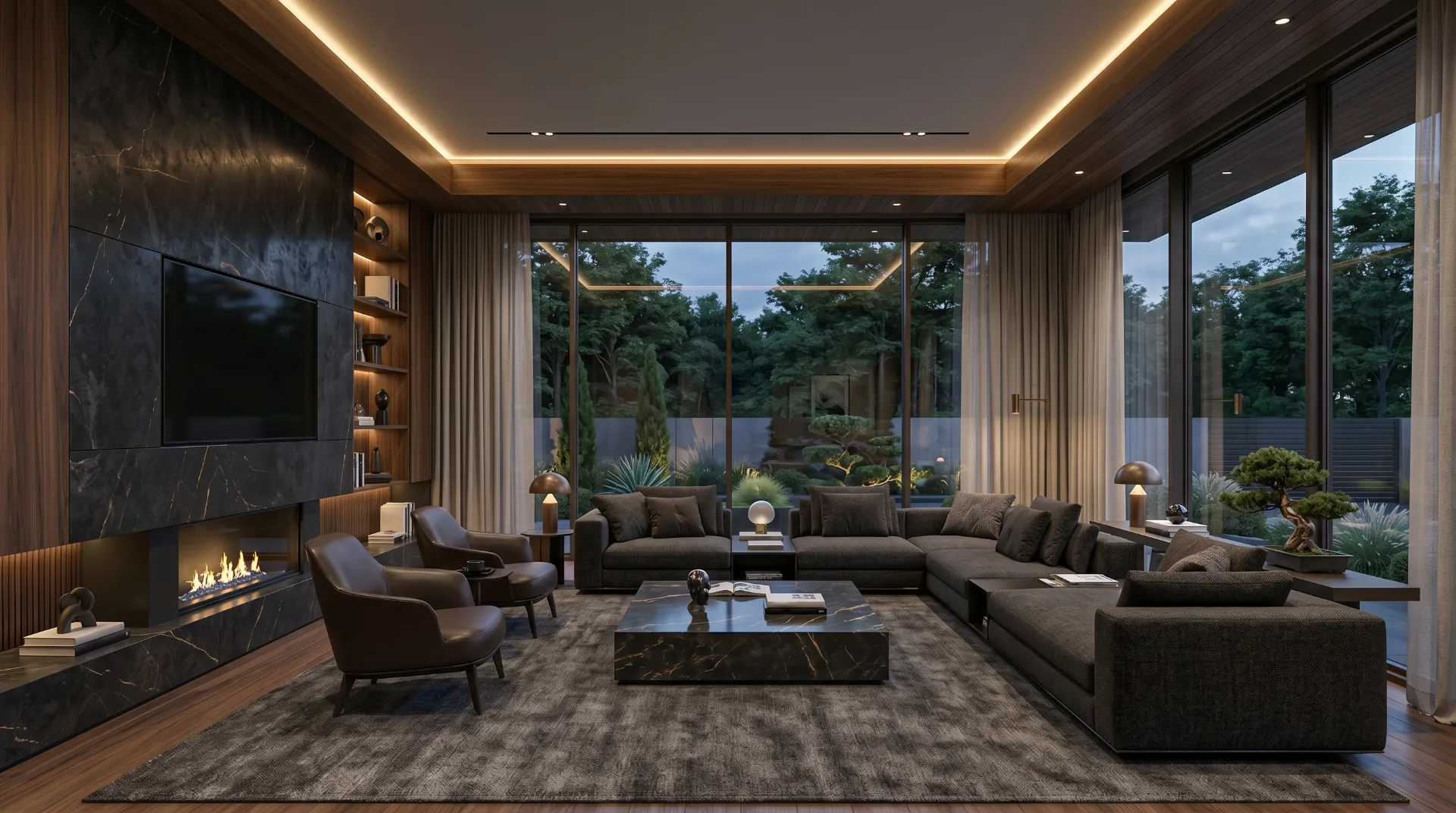 Luxury living room visualization with dark marble, walnut wood, and moody architectural lighting
