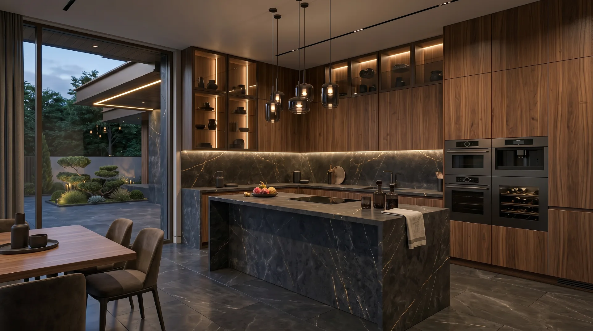 Modern villa kitchen visualization with dark stone surfaces, walnut cabinetry, and refined warm lighting