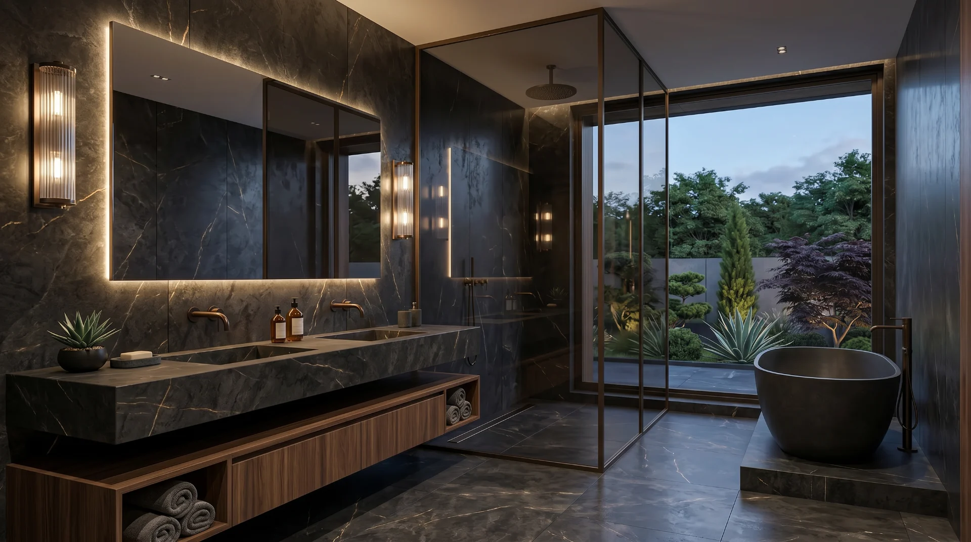 Luxury villa bathroom visualization with dark marble textures, glass shower enclosure, and warm ambient lighting