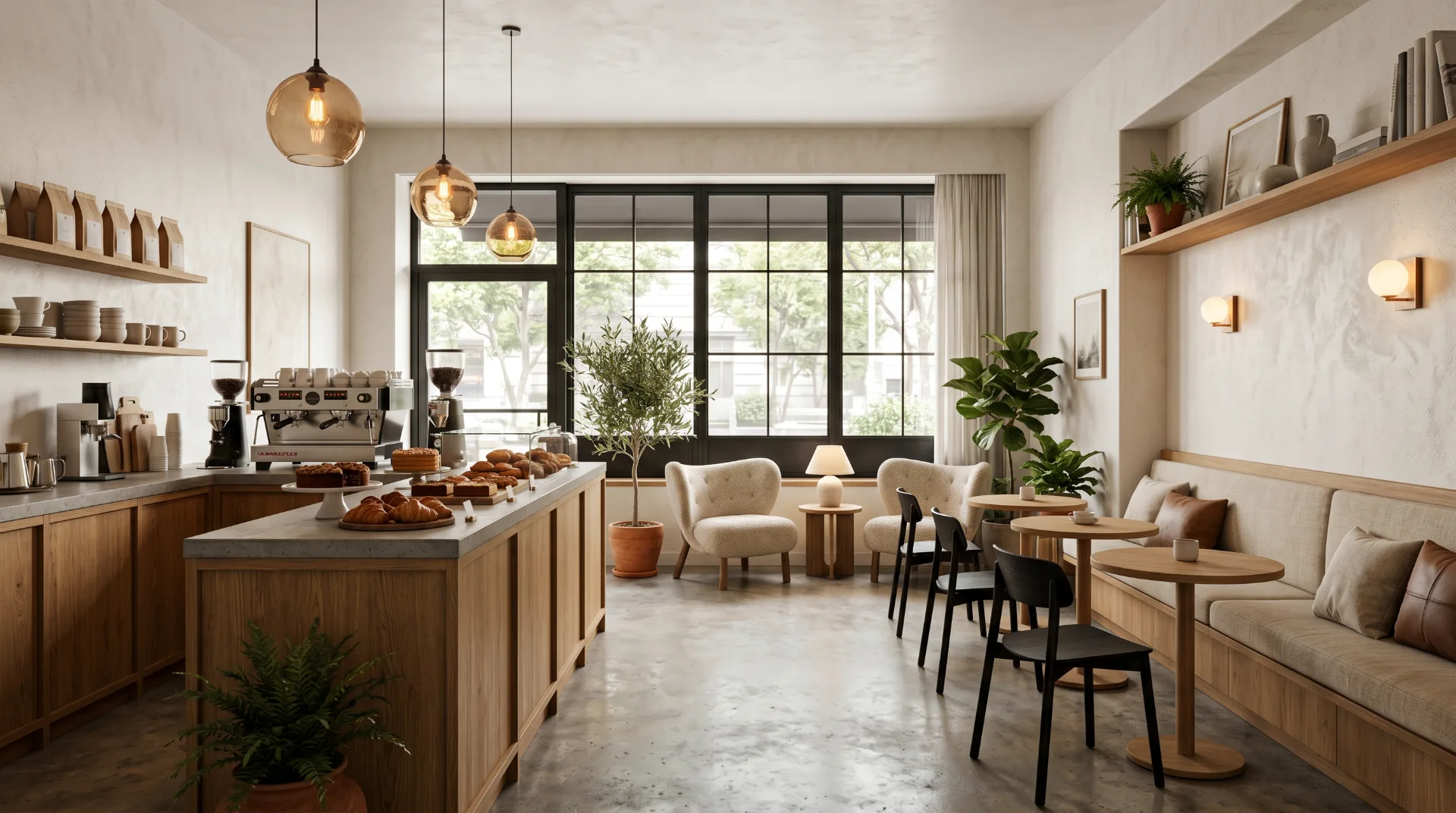 Photorealistic warm minimalist coffee shop interior visualization with wood counter, pastry display, soft seating, and natural daylight created in Blender