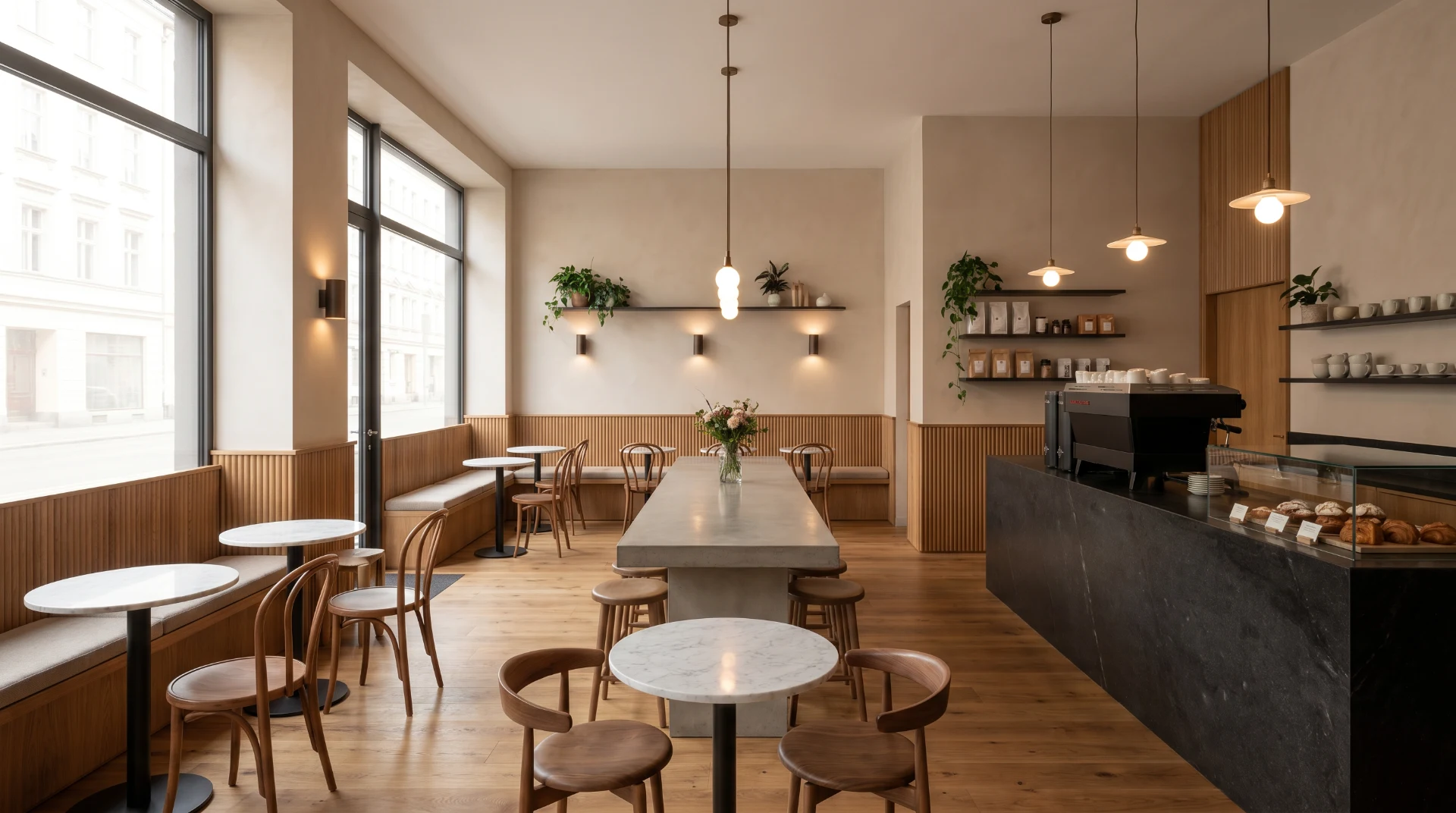 Photorealistic contemporary cafe interior visualization with warm wood finishes, marble tables, pendant lights, and espresso counter created in Blender