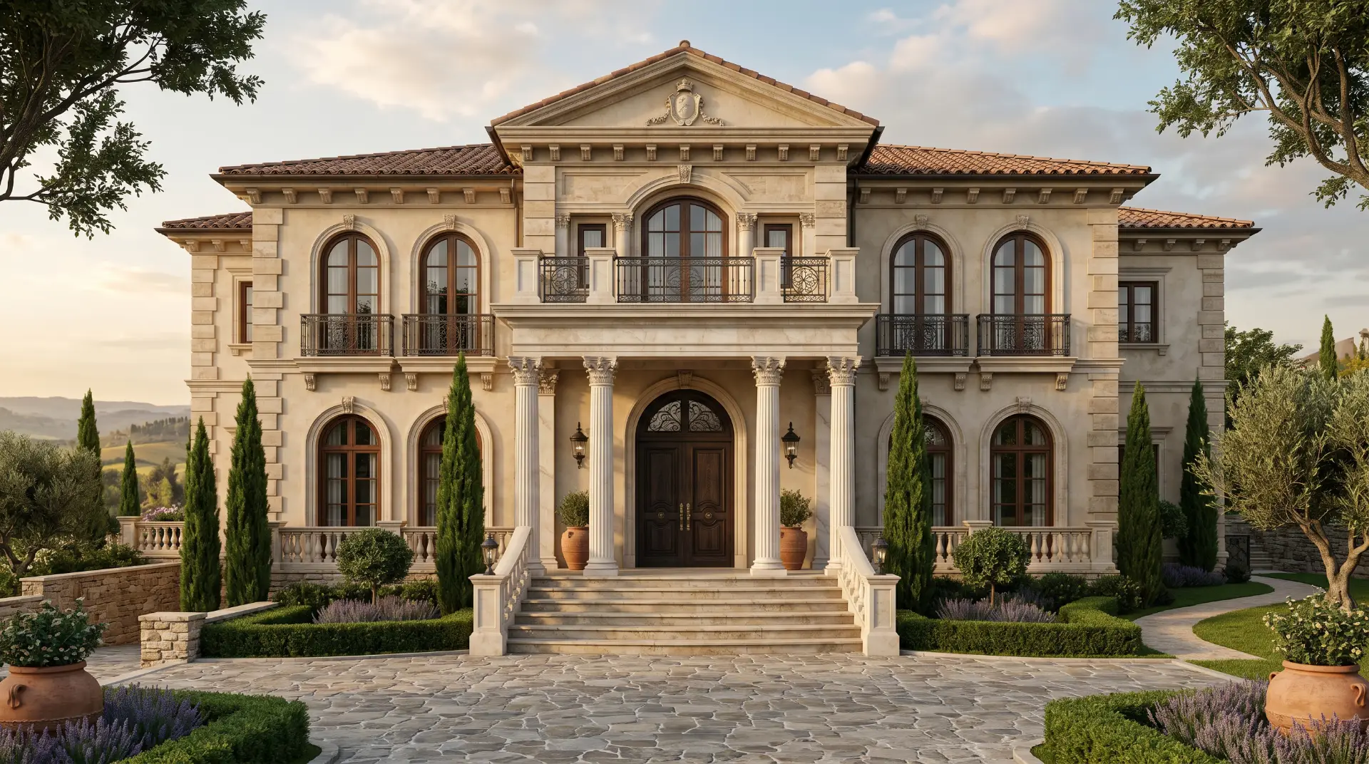 Photorealistic classic luxury villa architectural visualization with grand exterior facade, elegant kitchen, bathroom, and formal living room created in Blender