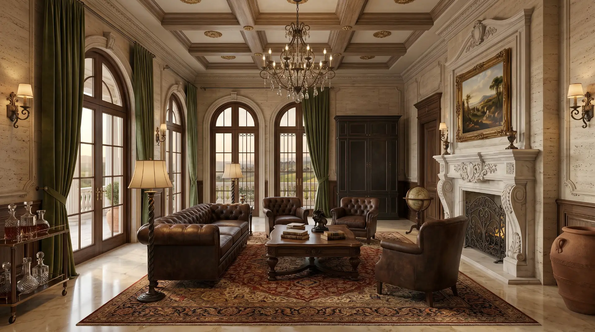 Luxury classic kitchen visualization with carved wood cabinetry, marble island, pendant lanterns, and arched French doors