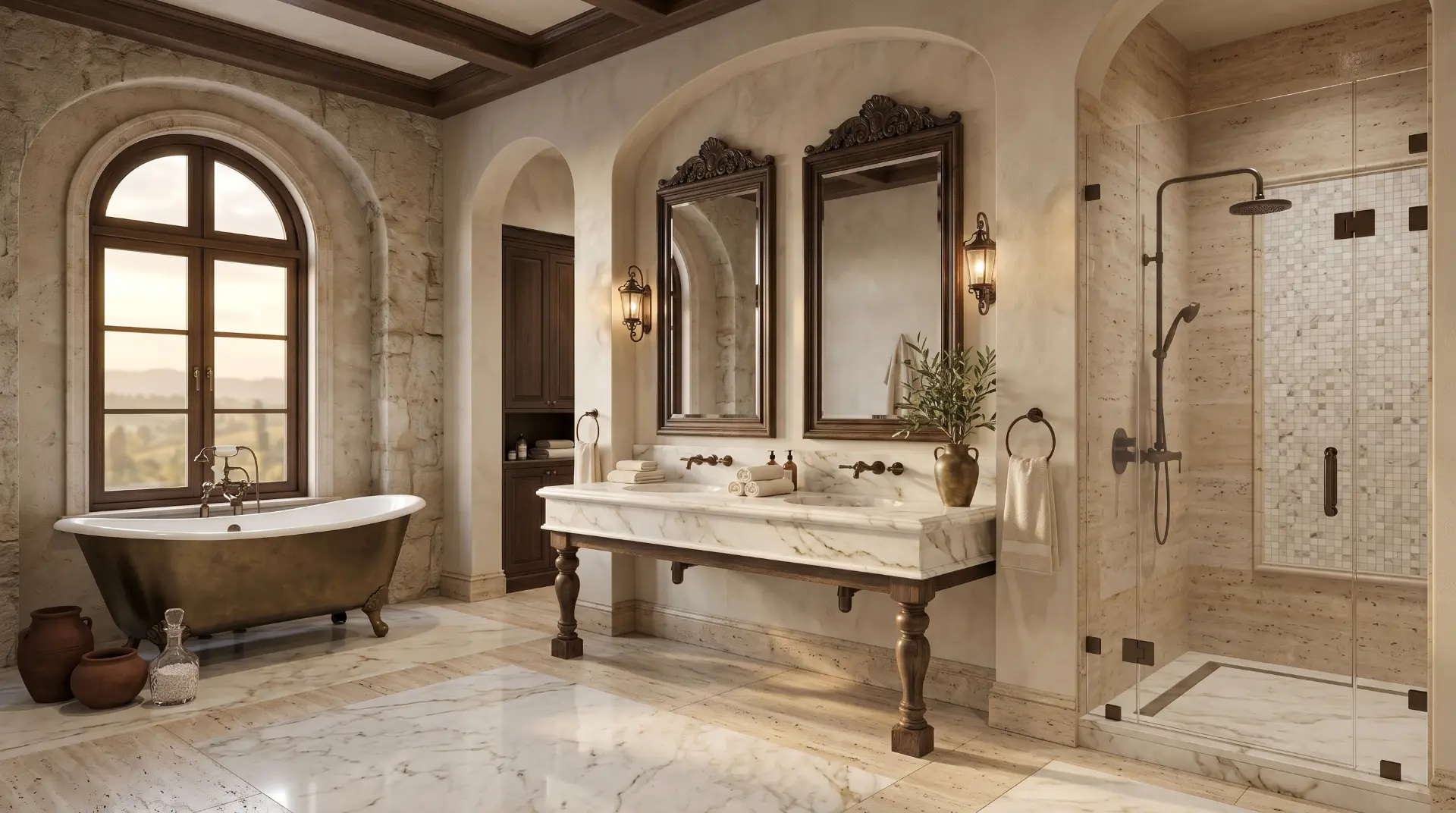 Elegant classic bathroom visualization with freestanding bathtub, marble vanity, arched window, and stone-textured walls
