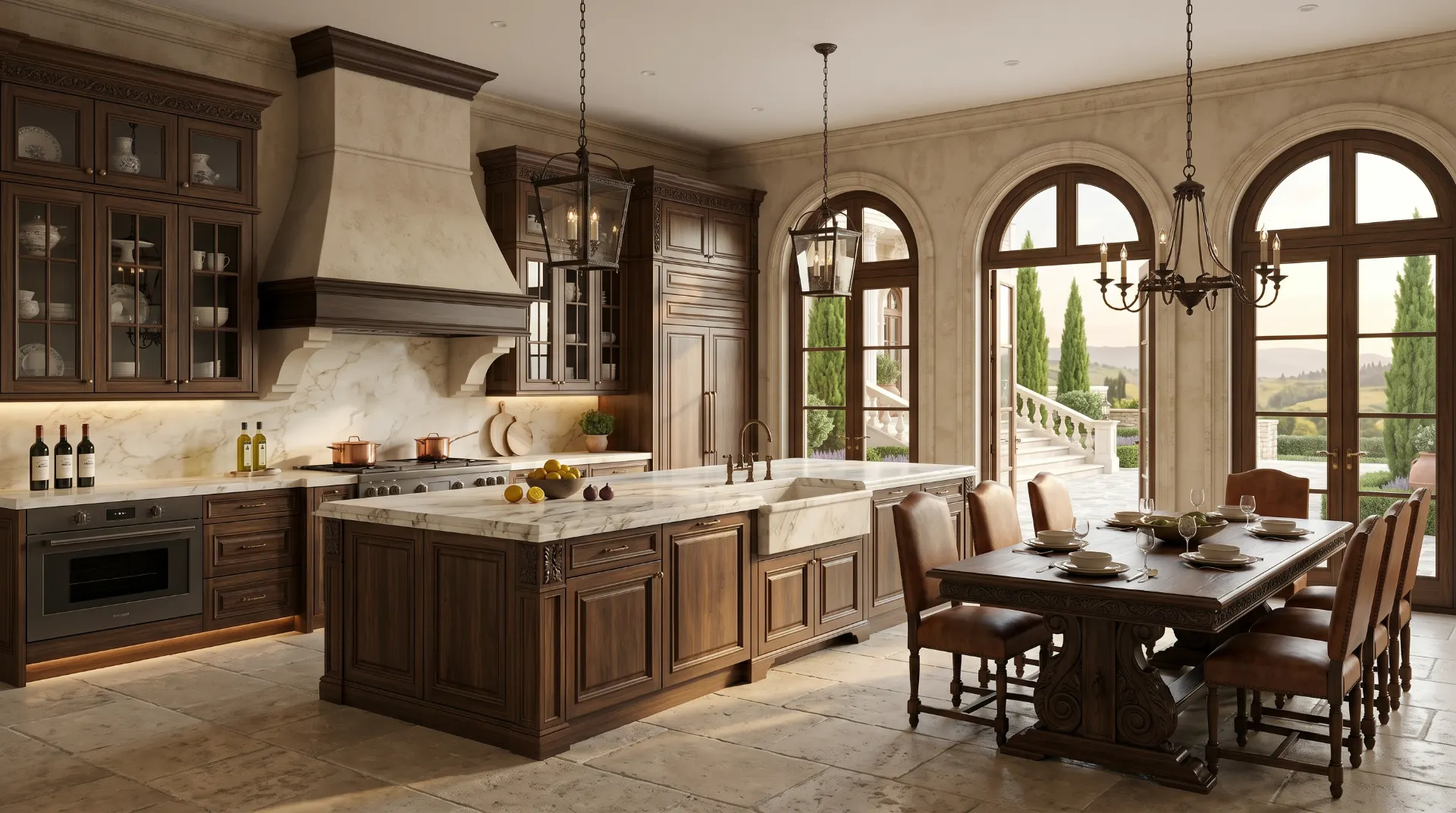 Formal luxury living room visualization with chandelier, fireplace, leather seating, tall green drapes, and classic architectural detailing