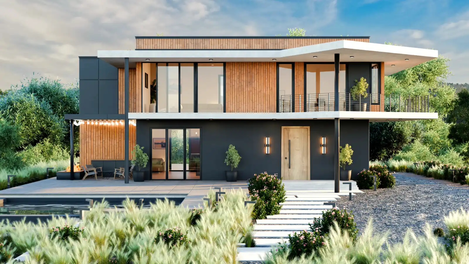 Daylight exterior render of a modern villa with wood cladding, large glazing, and poolside landscape design