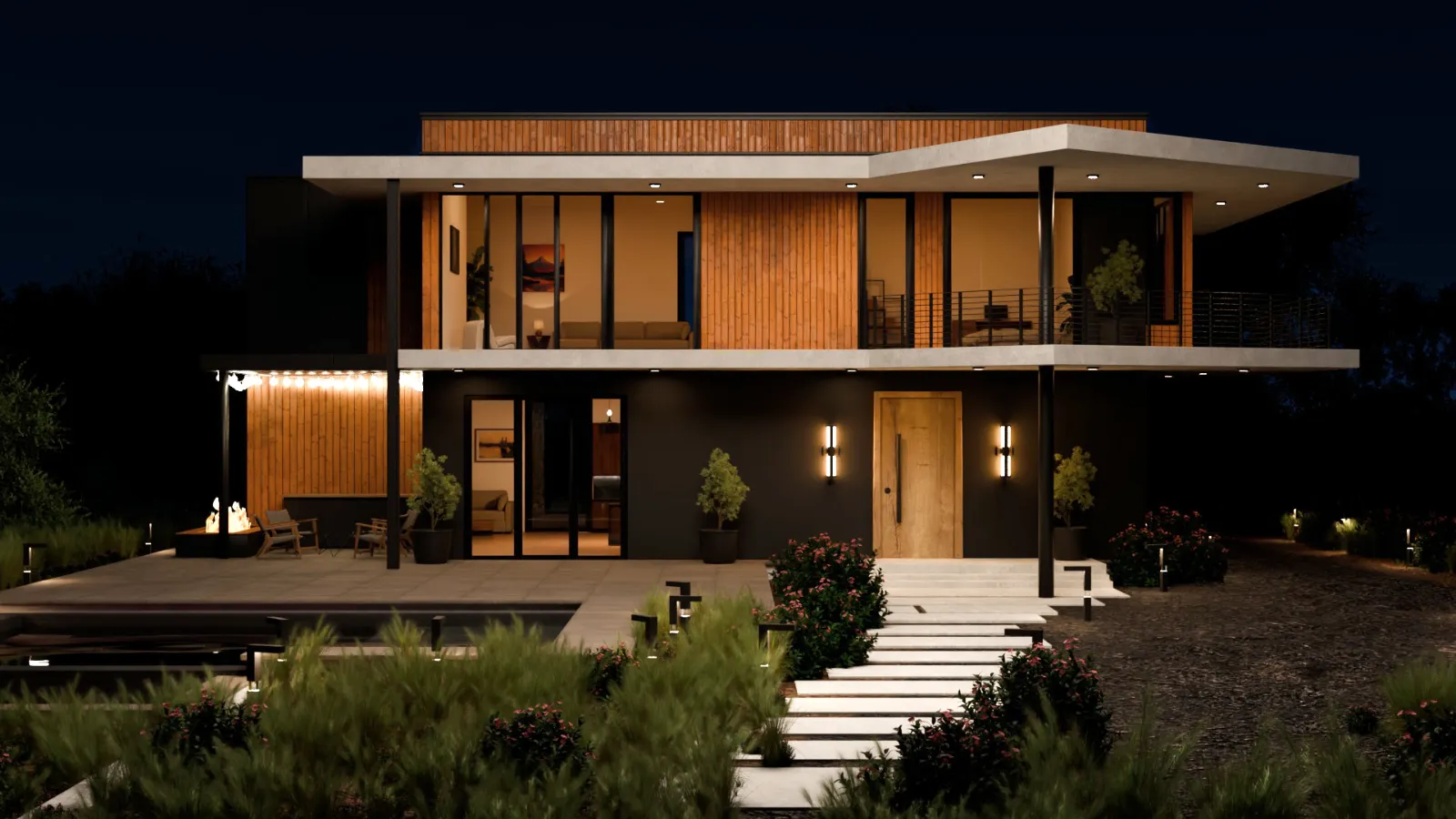 Night exterior visualization of a modern villa with illuminated interiors, pool reflections, and architectural lighting