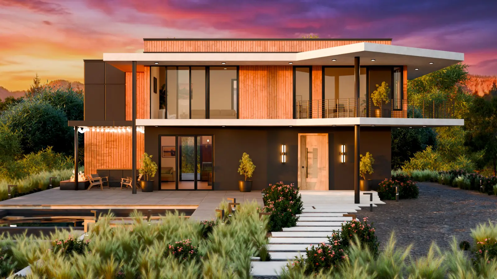 Modern luxury villa exterior architectural visualization with warm wood cladding, pool reflections, and day, sunset, and night render variations