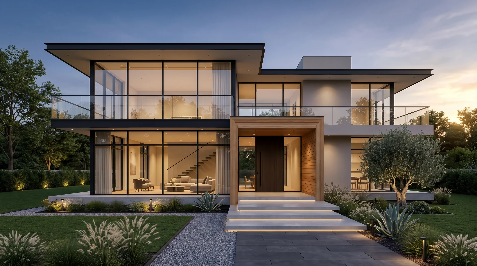 Photorealistic warm minimalist glass villa exterior and interior architectural visualization with luxury kitchen, living room, and bathroom created in Blender
