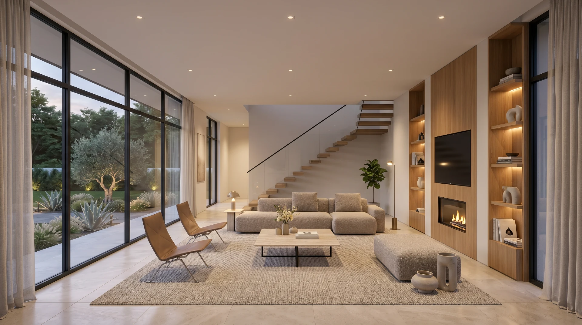 Luxury minimalist living room visualization with oak wall panels, soft beige sofa, fireplace, glass walls, and garden view