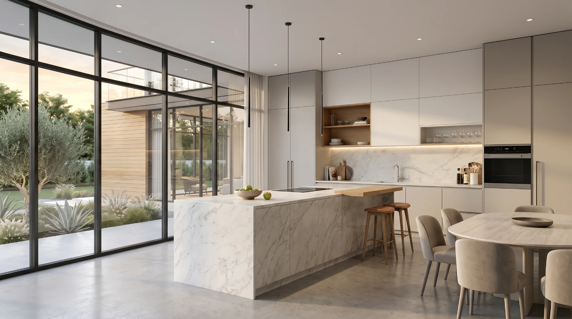 Photorealistic modern kitchen interior with white marble island, warm wood accents, pendant lights, and floor-to-ceiling windows
