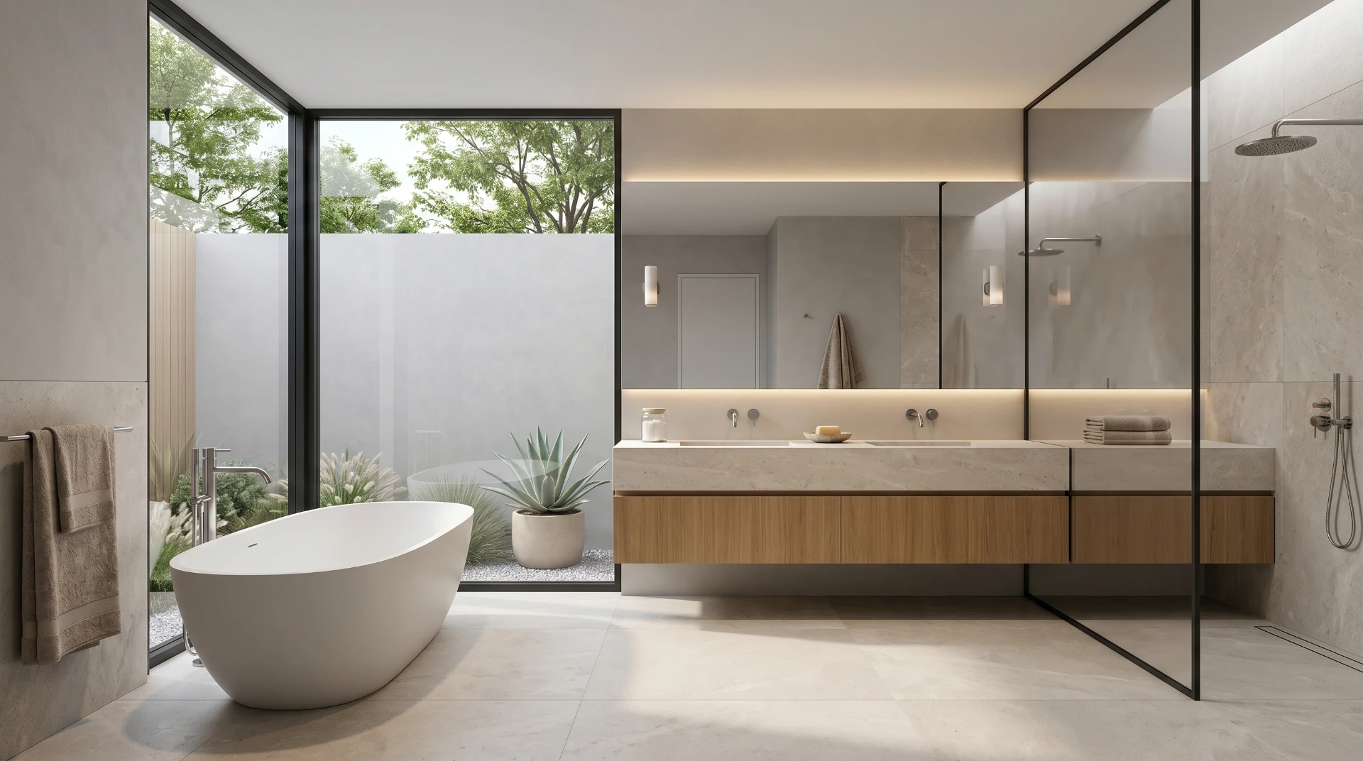 Luxury spa-style bathroom visualization with freestanding bathtub, natural stone walls, glass shower, wood vanity, and garden view