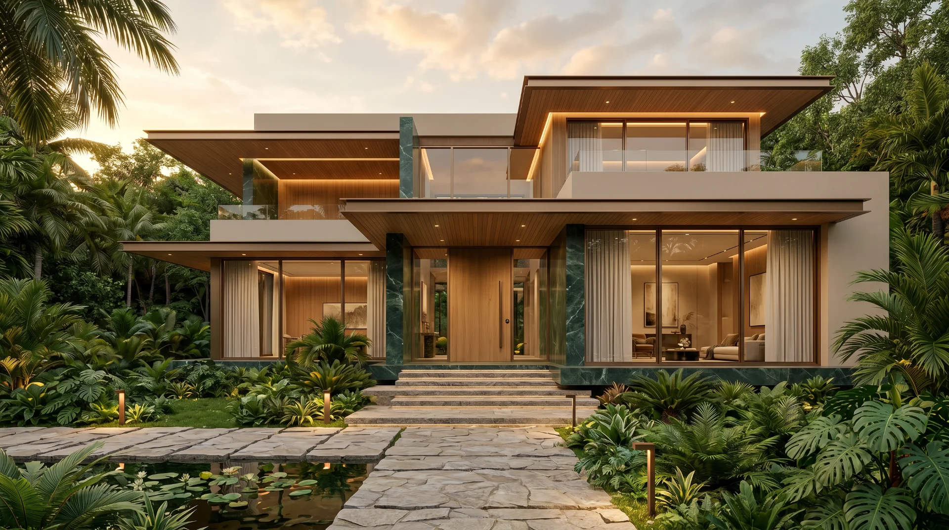 Photorealistic tropical green marble villa architectural visualization with luxury exterior, bedroom, living room, and bathroom renders