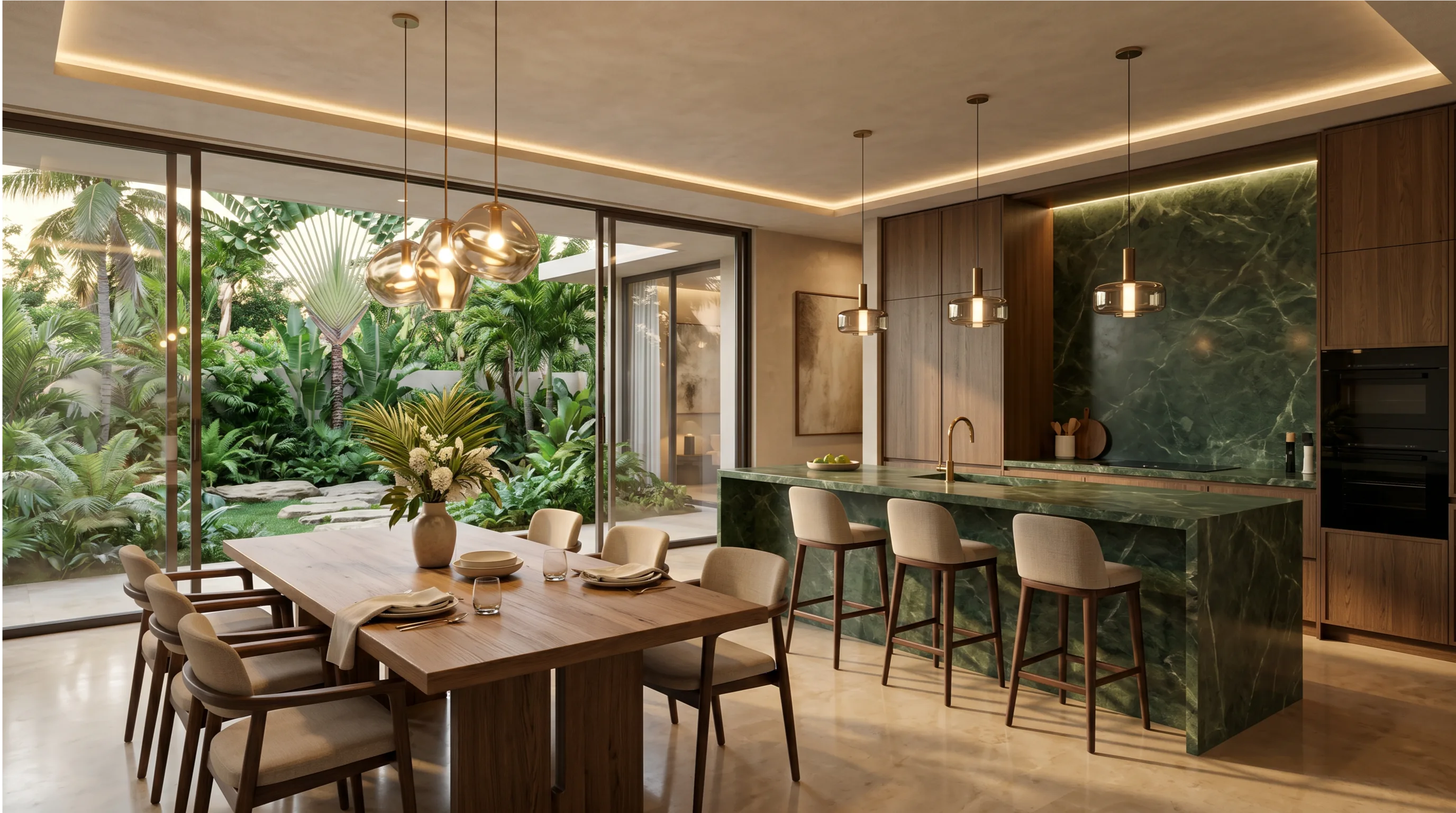 Luxury tropical villa bathroom visualization with green marble, bronze details, and soft natural lighting