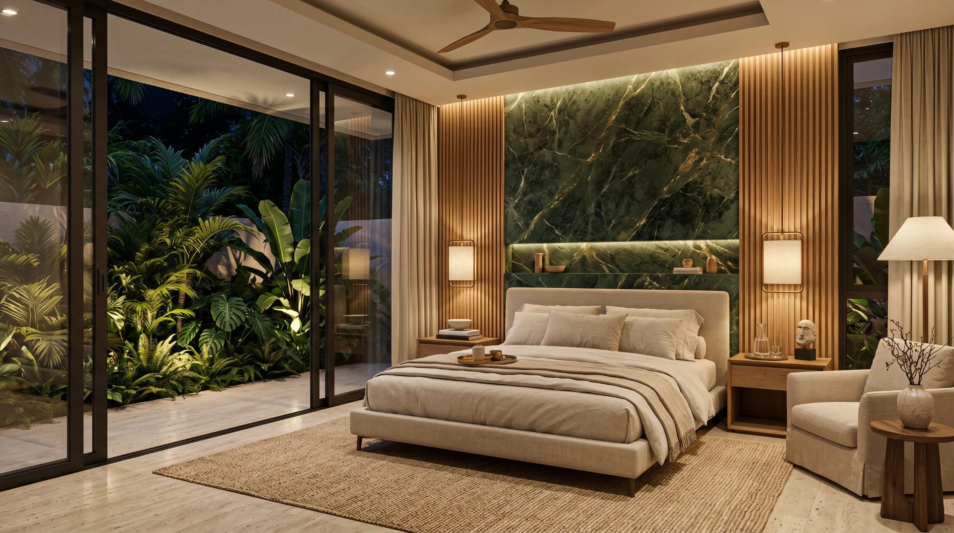 Warm tropical living room visualization with green stone accents, oak wood, and open garden views