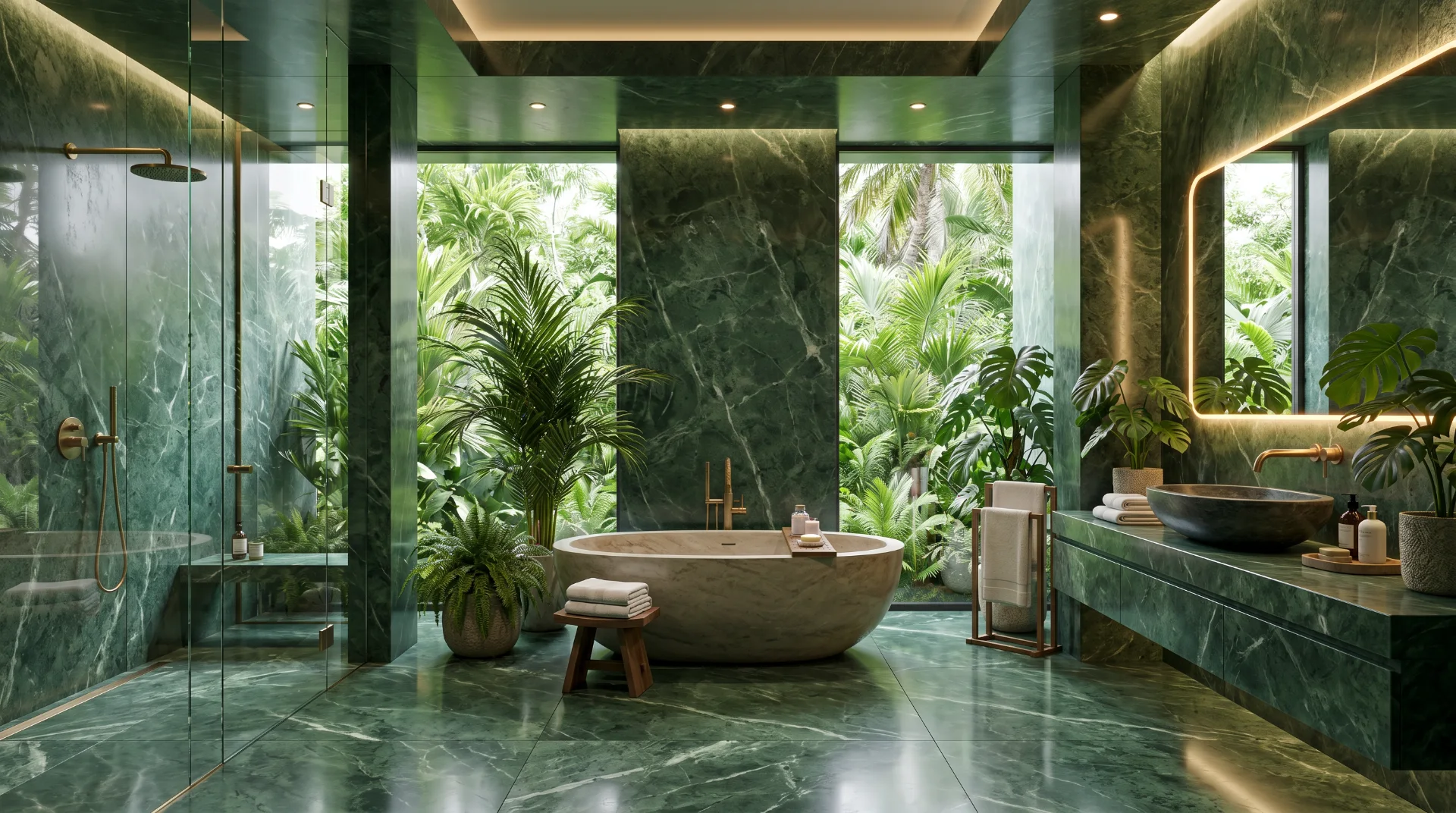 Luxury tropical bedroom visualization with warm oak wood, green marble accents, and soft layered lighting