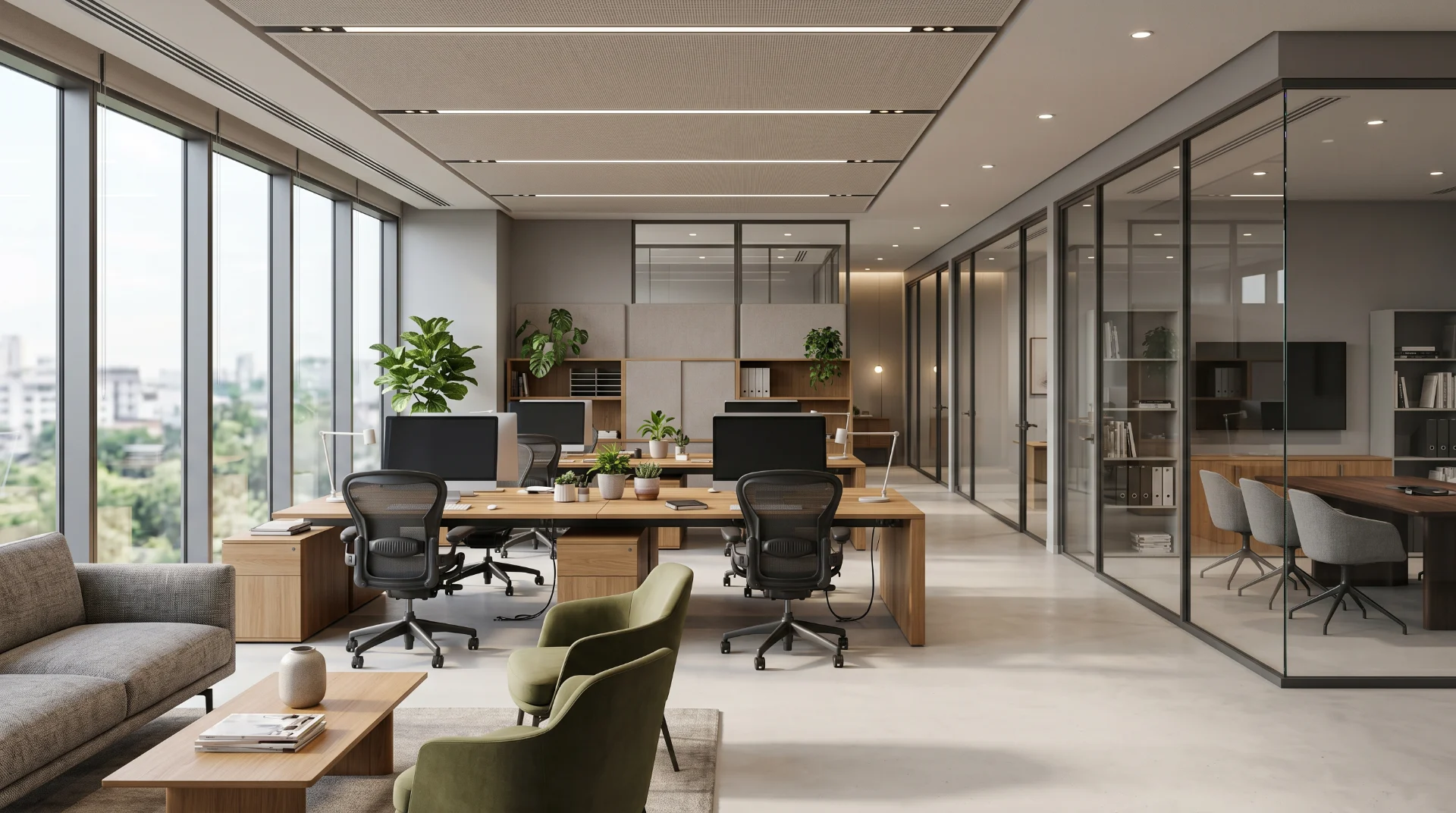 Photorealistic modern office interior architectural visualization with glass meeting rooms, oak desks, lounge seating, and soft natural daylight created in Blender