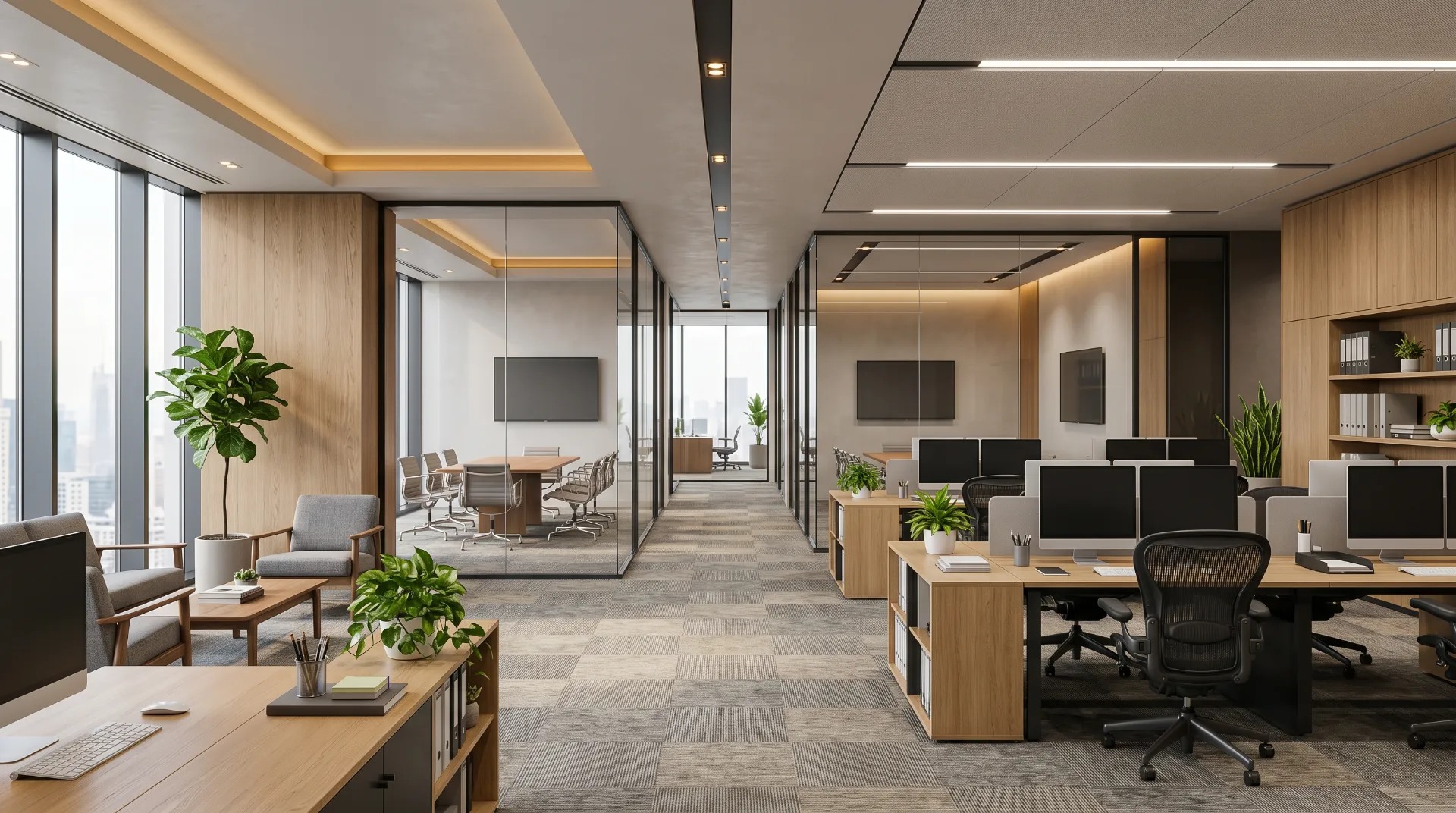 Photorealistic contemporary open-plan office interior visualization with glass meeting rooms, oak desks, lounge seating, and integrated ceiling lighting created in Blender
