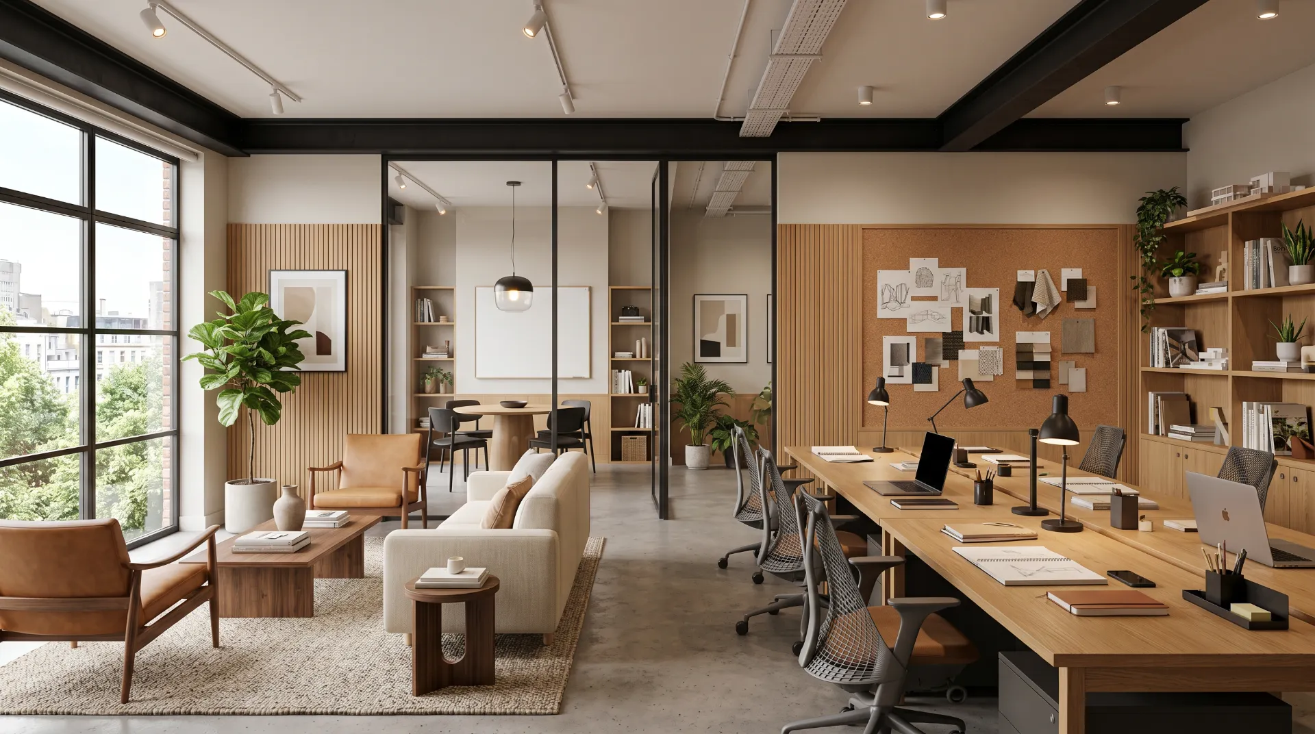 Photorealistic creative studio office interior visualization with oak worktables, lounge seating, slatted wood walls, and glass meeting space created in Blender