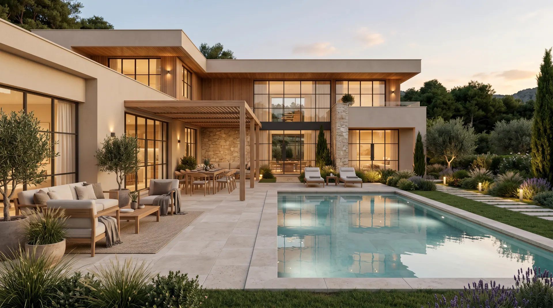 Photorealistic warm stone modern villa architectural visualization with luxury exterior, marble kitchen, spa bathroom, and living room created in Blender