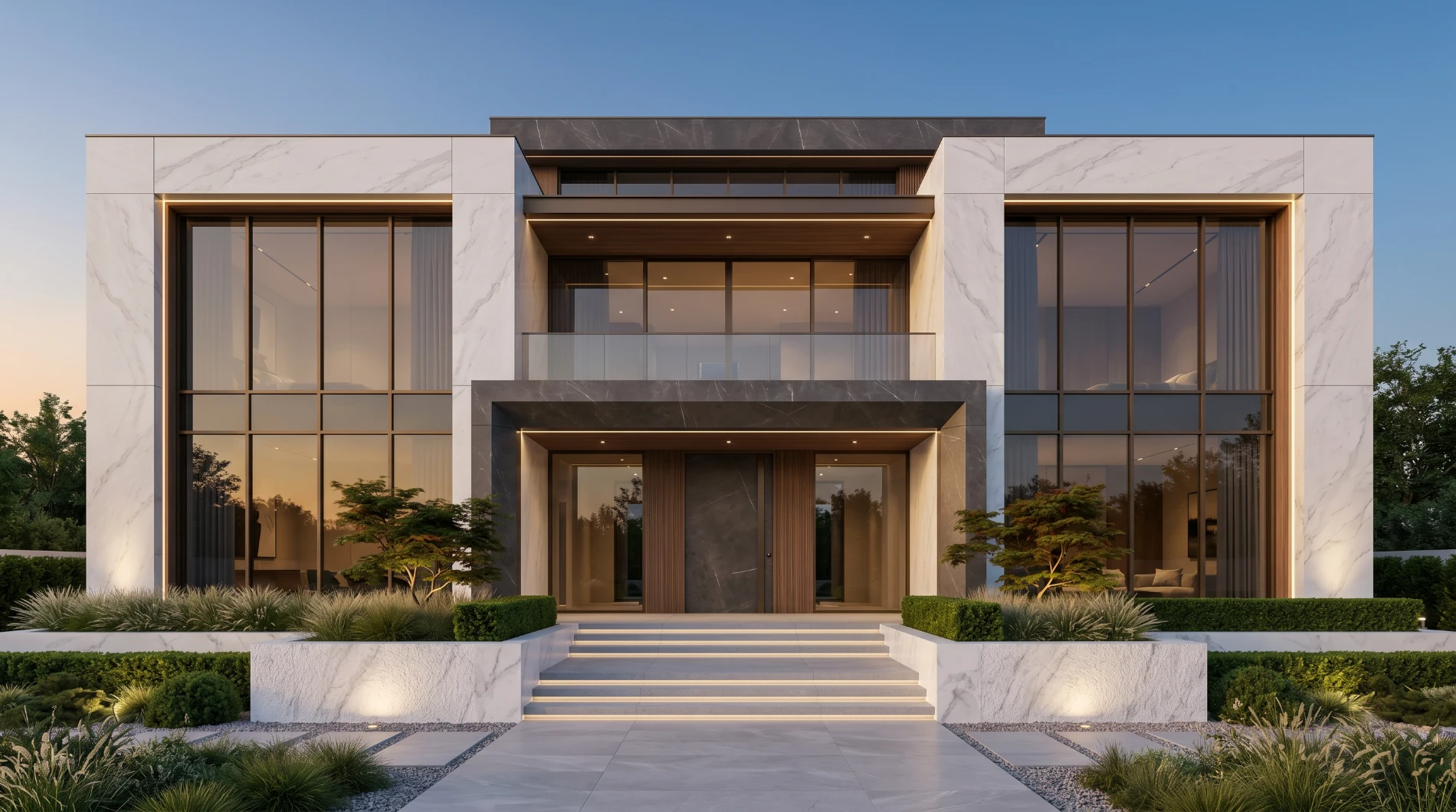 Photorealistic Calacatta marble modern villa exterior and interior architectural visualization with luxury kitchen, living room, and bathroom created in Blender