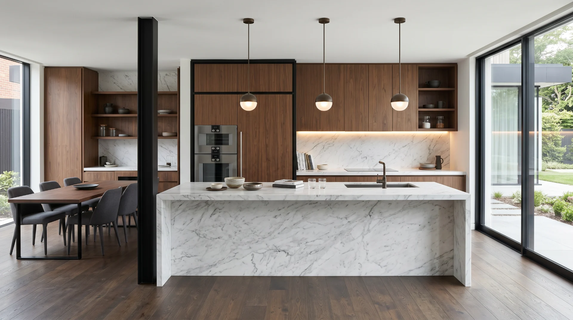 Luxury villa living room visualization with Calacatta marble accents, walnut wood finishes, and soft ambient lighting