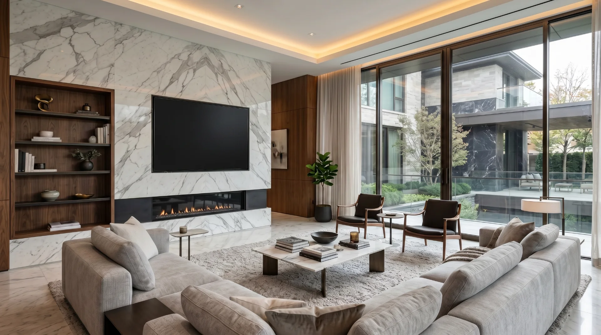 Modern kitchen visualization with Calacatta marble surfaces, walnut cabinetry, and floor-to-ceiling glazing
