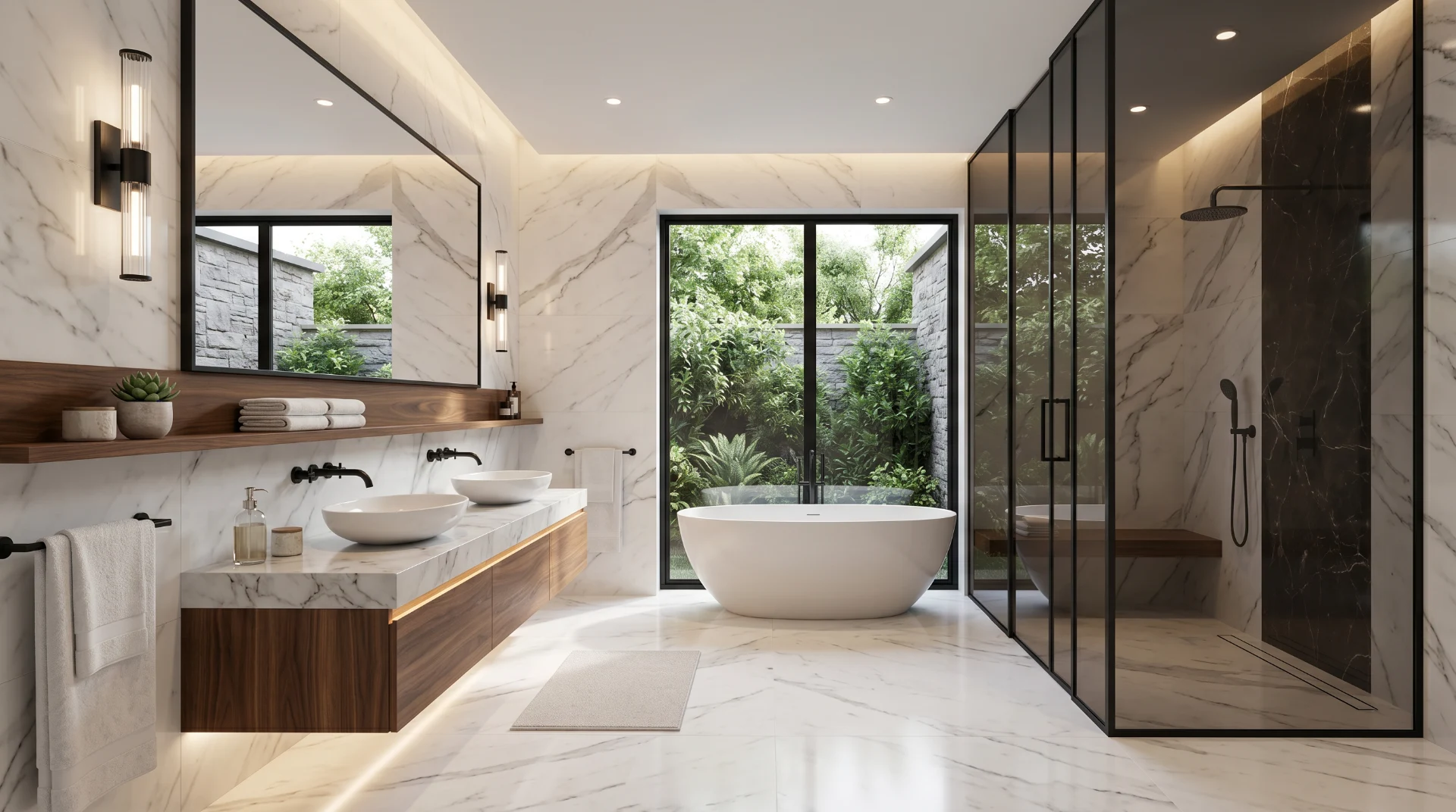 Luxury villa bathroom visualization with Calacatta marble detailing, soft natural light, and premium fixtures