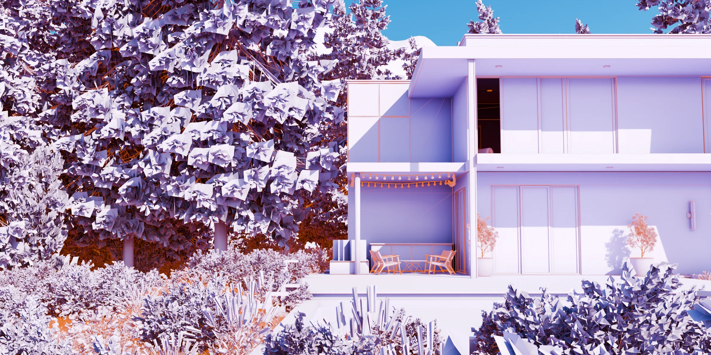 Soft clay render of a modern house, trees and terrace created with Reel Director