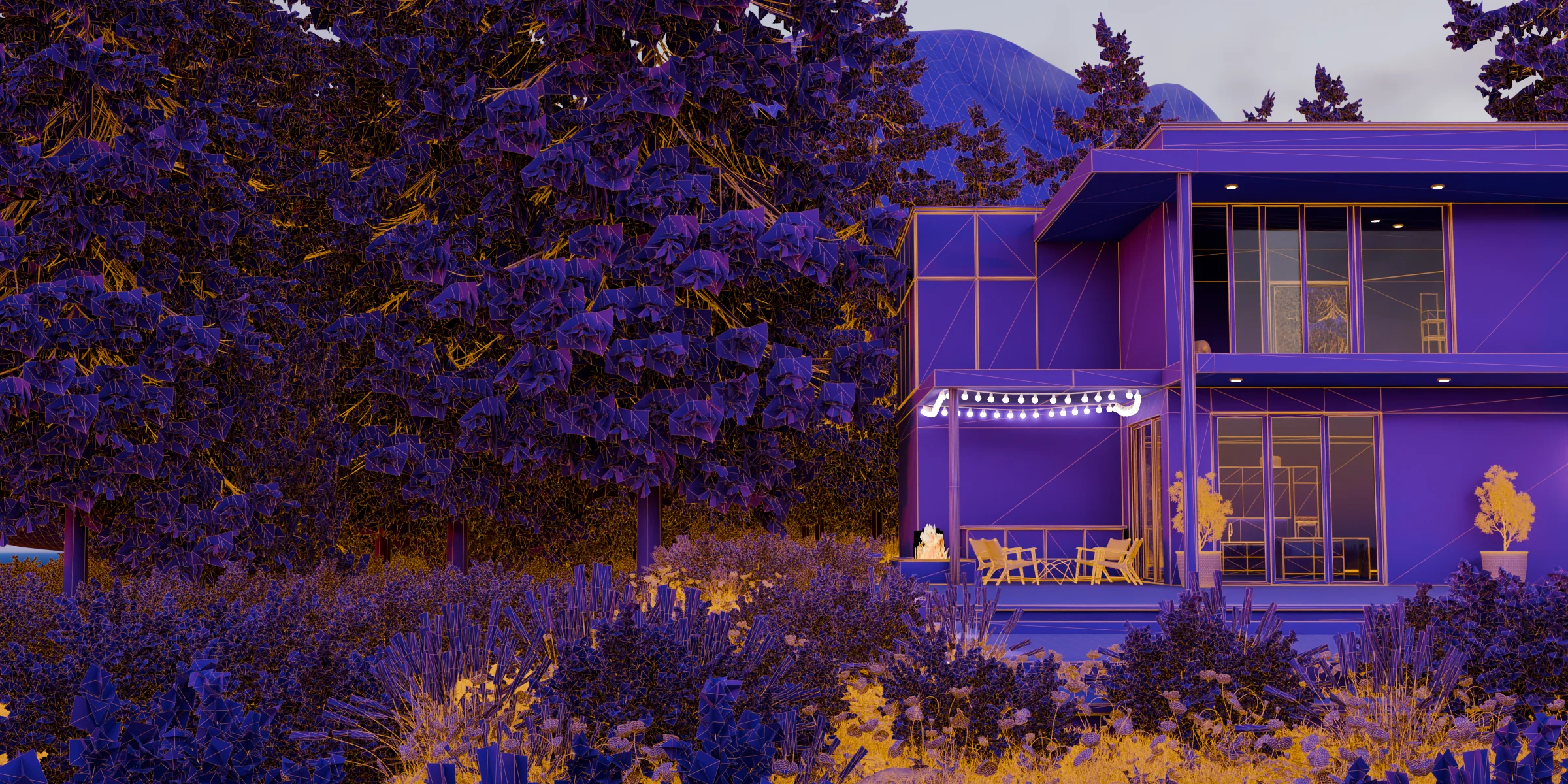 Violet night render of a house with gold wireframe details created with Reel Director