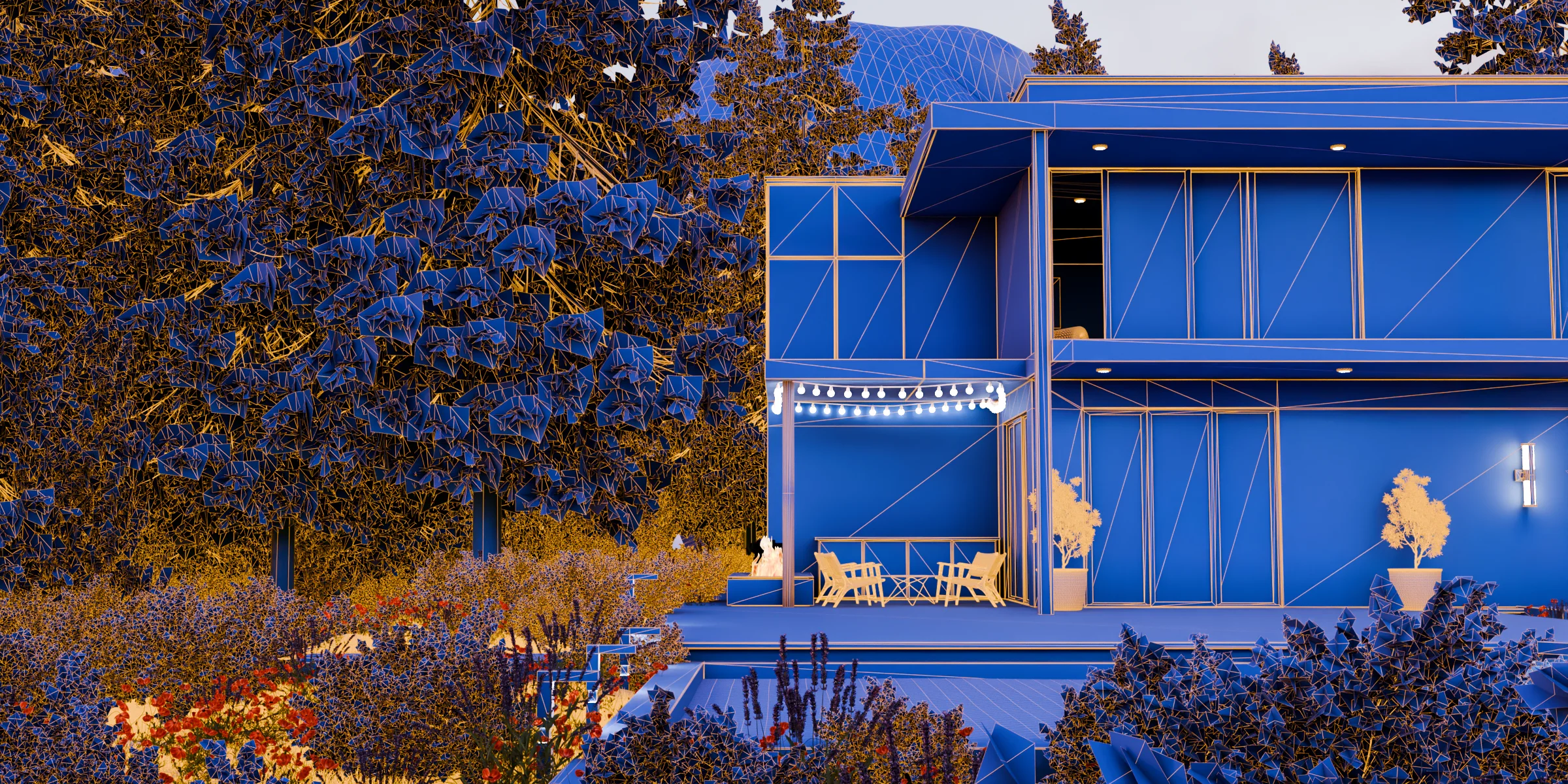 Blue clay and gold wireframe architectural render created with Reel Director