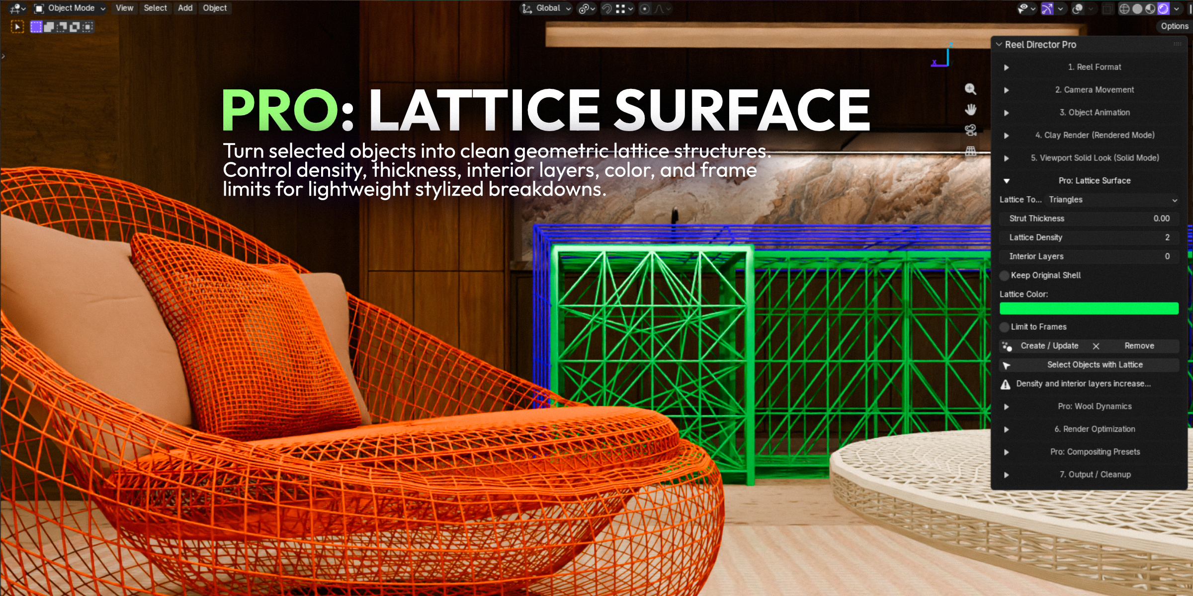 Geometric Lattice Surface structures created with Reel Director Pro in Blender