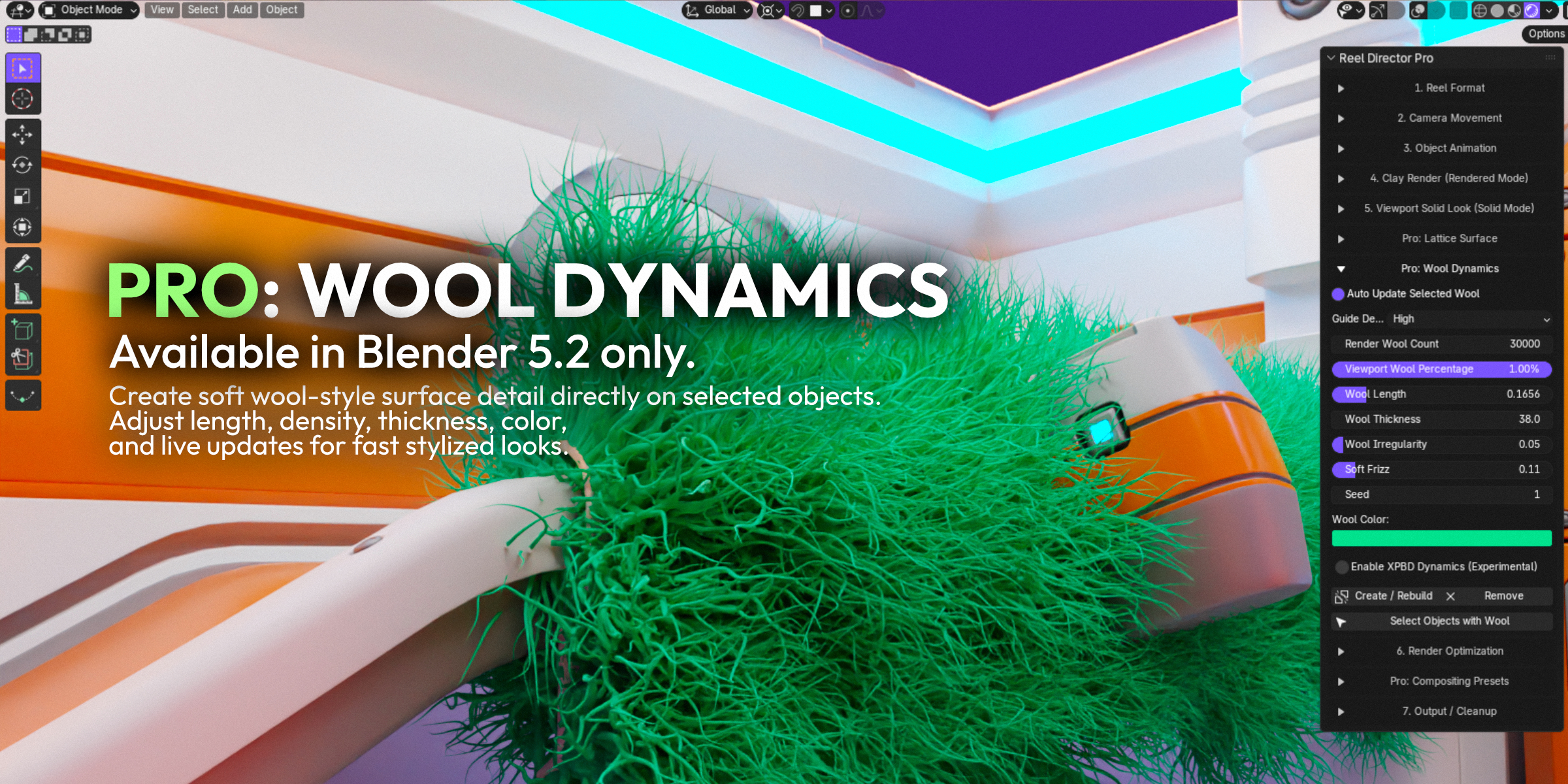 Green wool-style fibers on a science-fiction interior with Reel Director Pro controls
