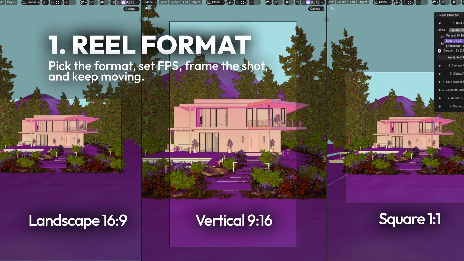 Reel Director Blender addon interface showing reel format options for landscape, vertical, and square short-form content