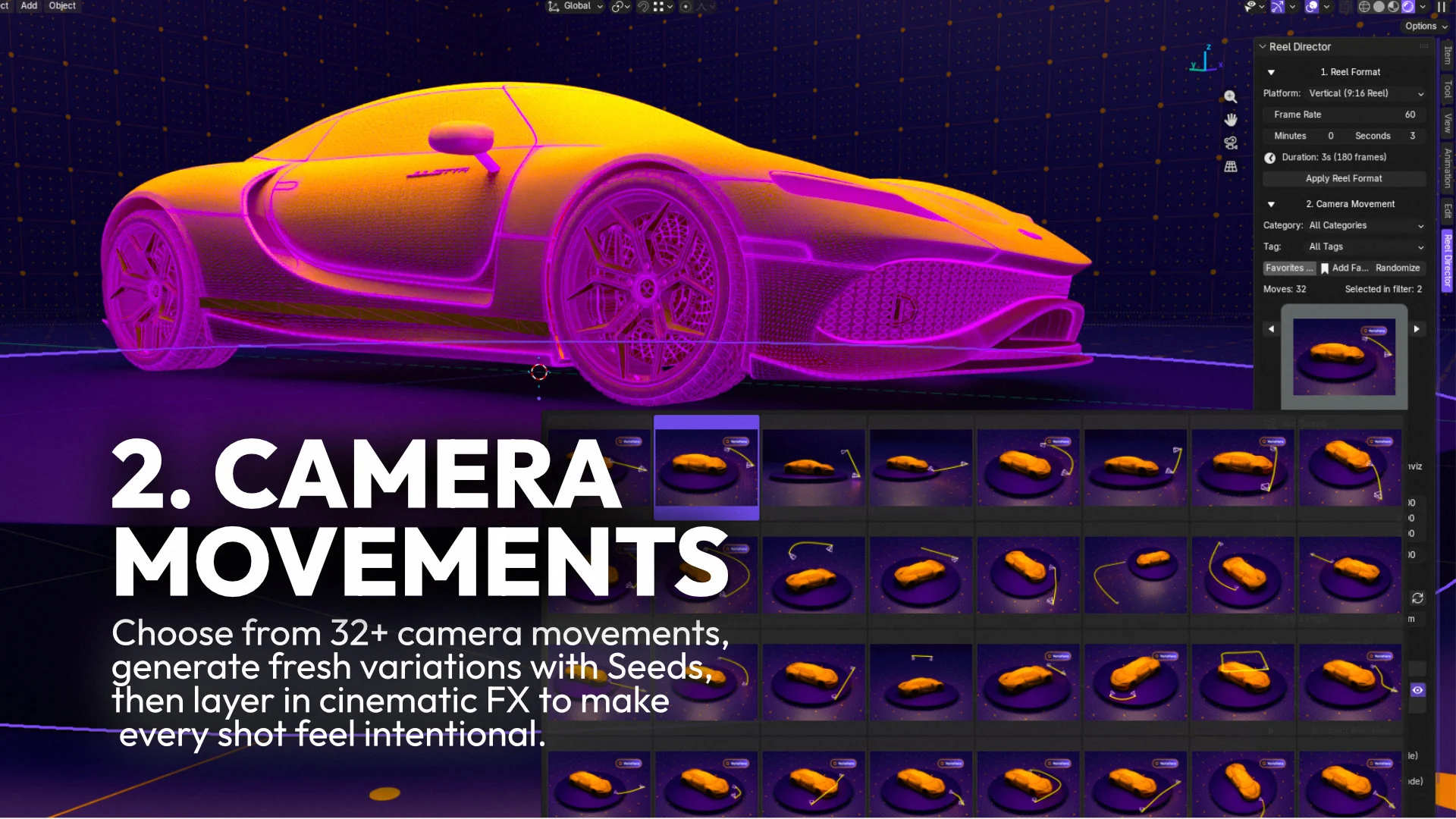 Reel Director camera movement browser in Blender showing multiple preset motion paths for cinematic 3D content creation