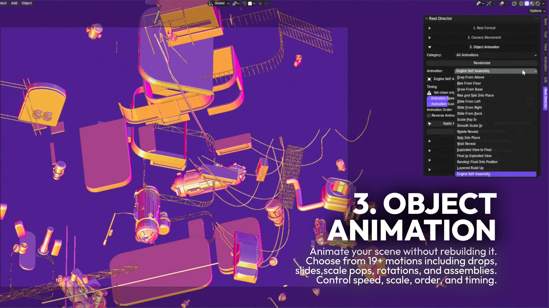 Reel Director object animation panel in Blender showing animation categories and timing controls for scene elements