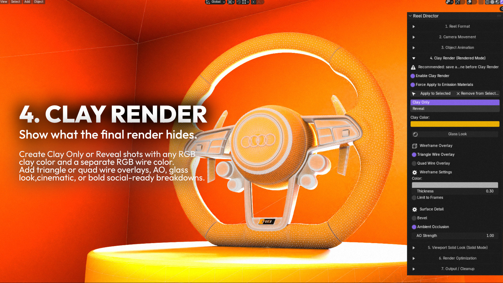 Clay render settings in Reel Director for Blender with color, wireframe, and breakdown controls for technical presentation