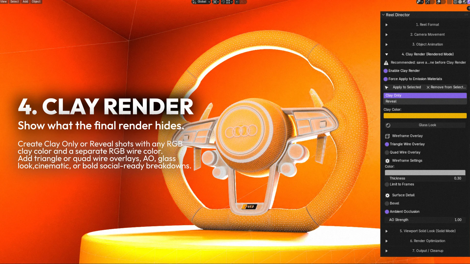 Clay render settings in Reel Director for Blender with color, wireframe, and breakdown controls for technical presentation