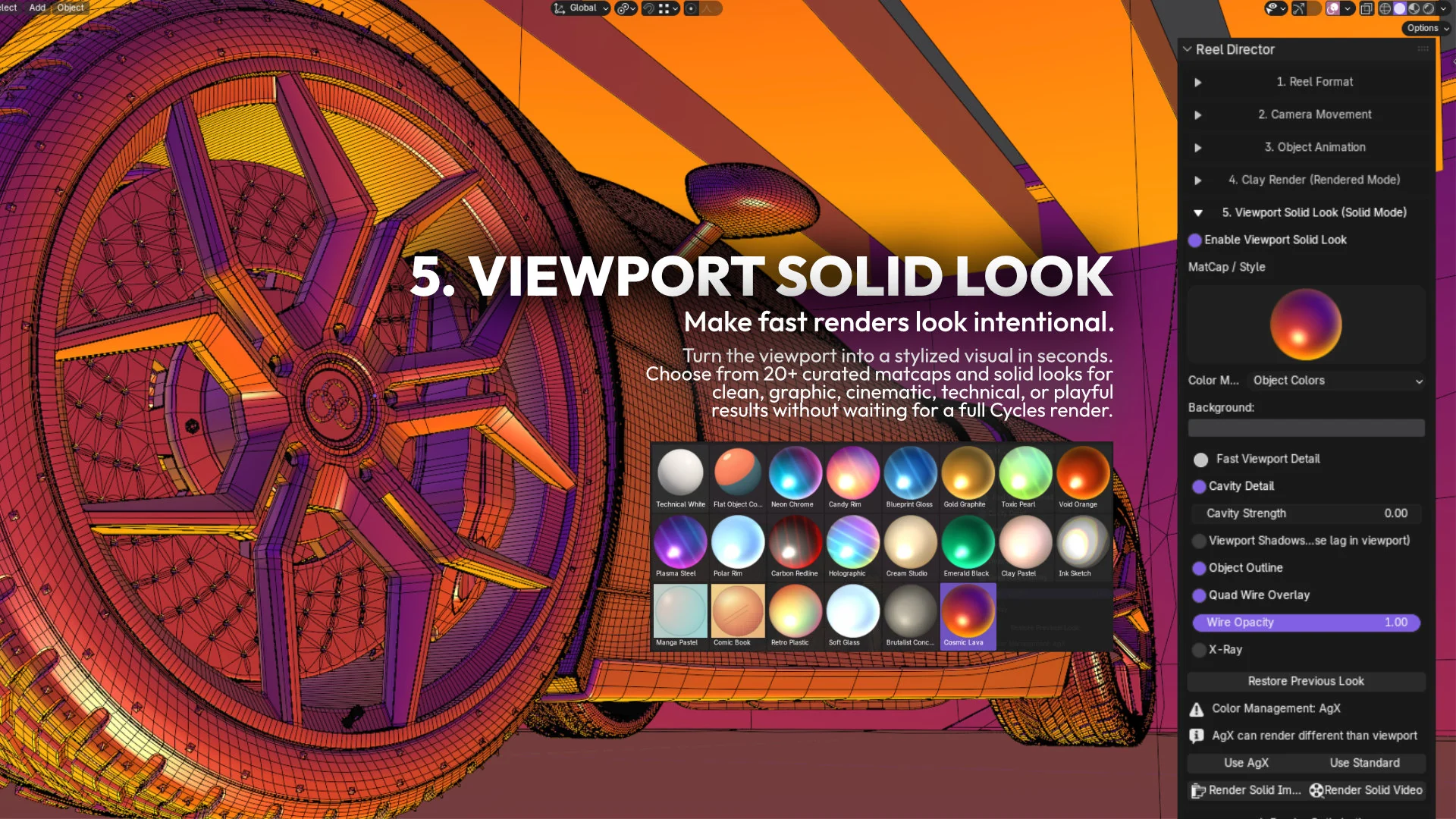 Reel Director viewport solid look controls in Blender with stylized matcap and wireframe presentation options