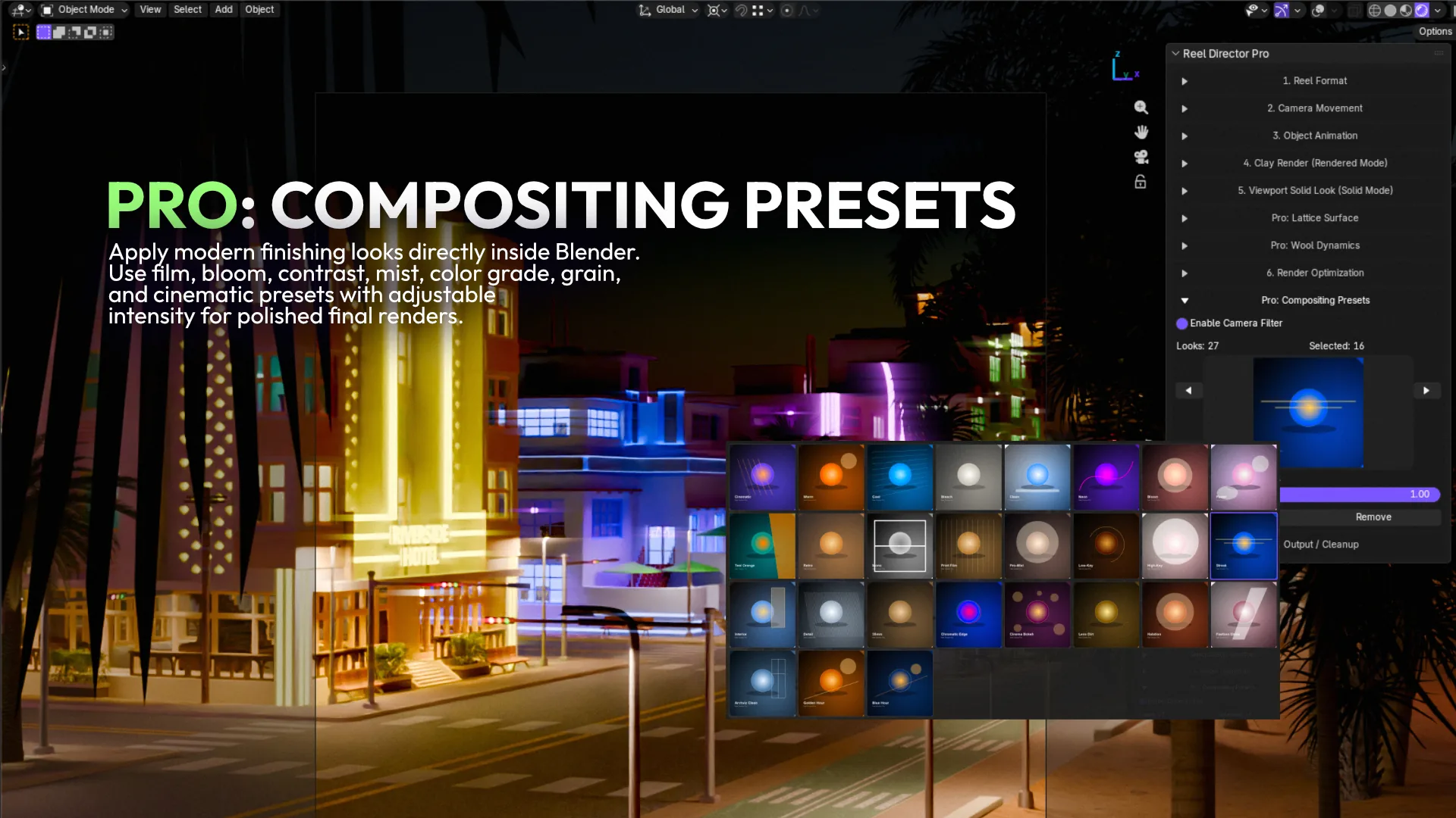 Reel Director Pro compositing presets panel with cinematic finishing looks in Blender