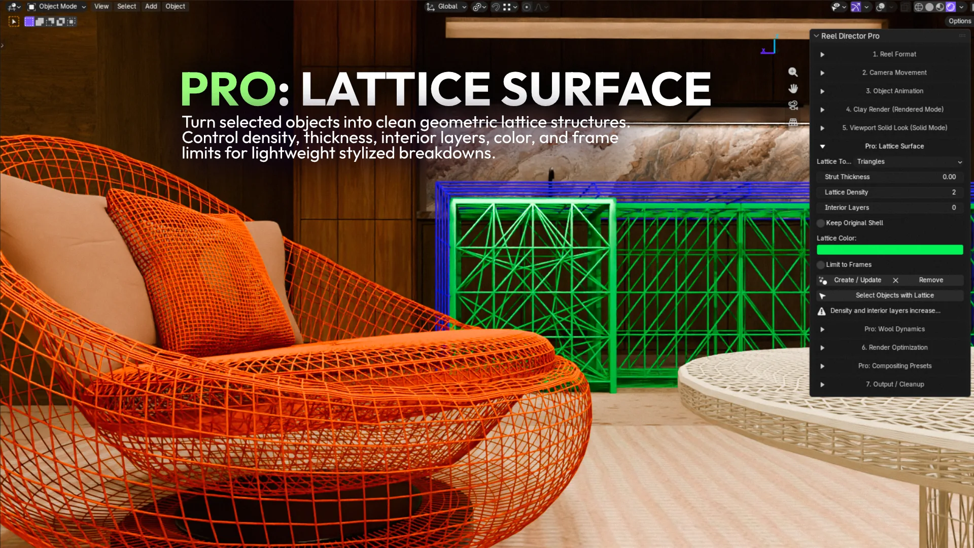 Reel Director Pro Lattice Surface controls creating colored geometric structures in Blender