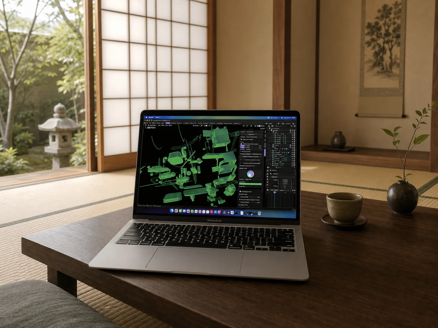 Blender artist using Reel Director Pro object animation and content tools on a laptop