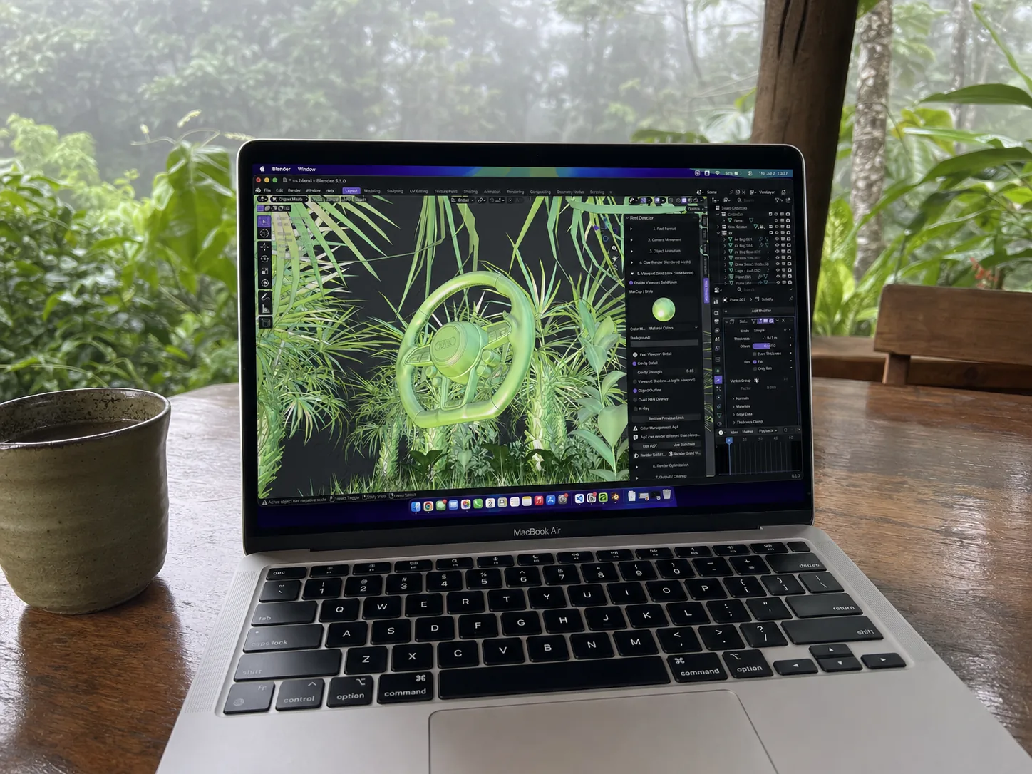 Reel Director Pro viewport workflow in Blender with a stylized green scene