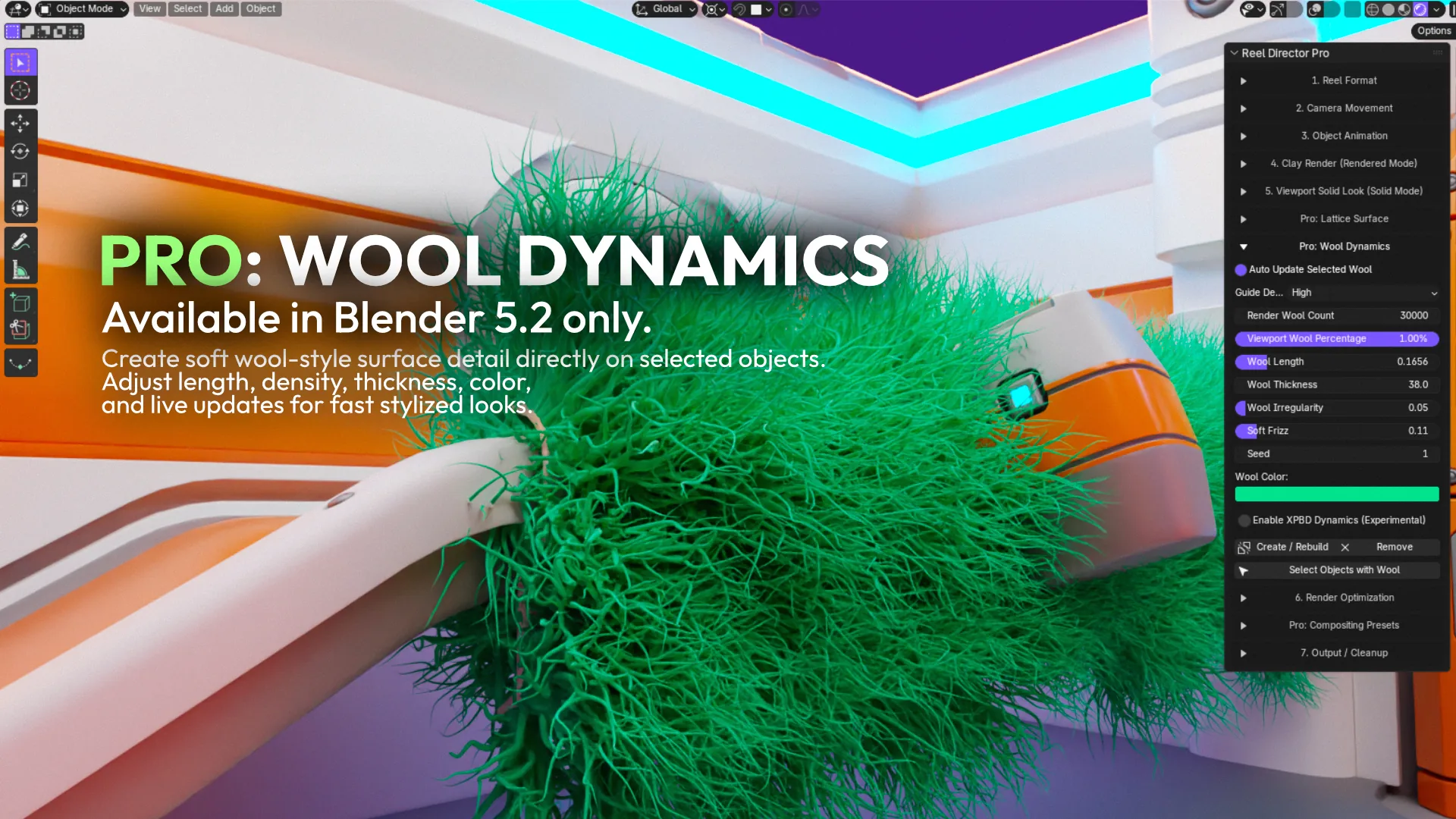 Reel Director Pro Wool Dynamics in Blender 5.2 with a green wool-style surface and adjustable controls