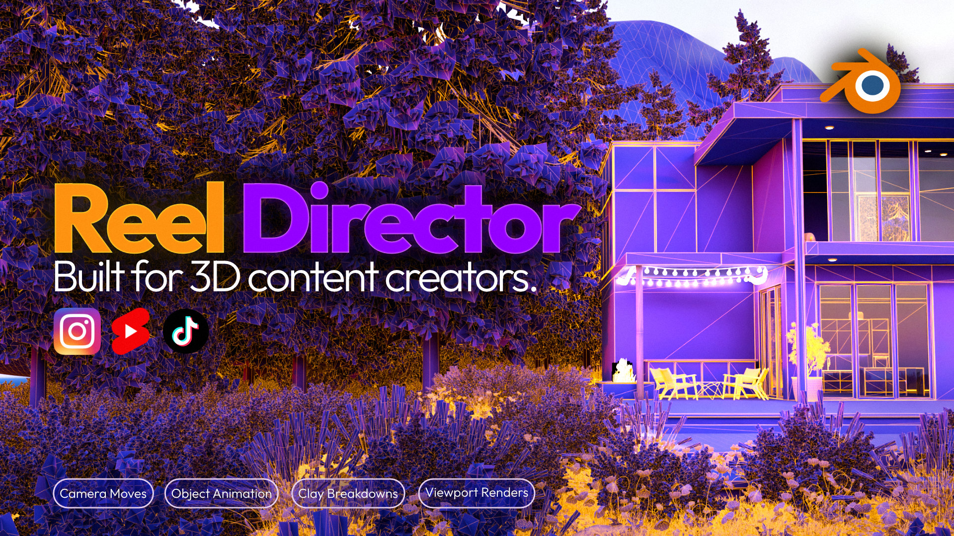 Reel Director Blender addon promotional thumbnail showing social-ready 3D content workflow for reels, shorts, and camera-driven scene presentation